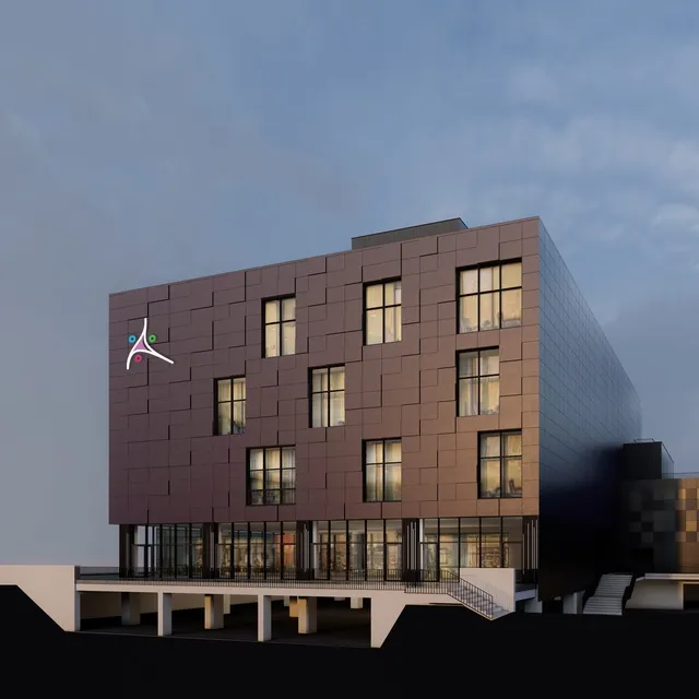 Clădirea Inventa Club iluminată seara