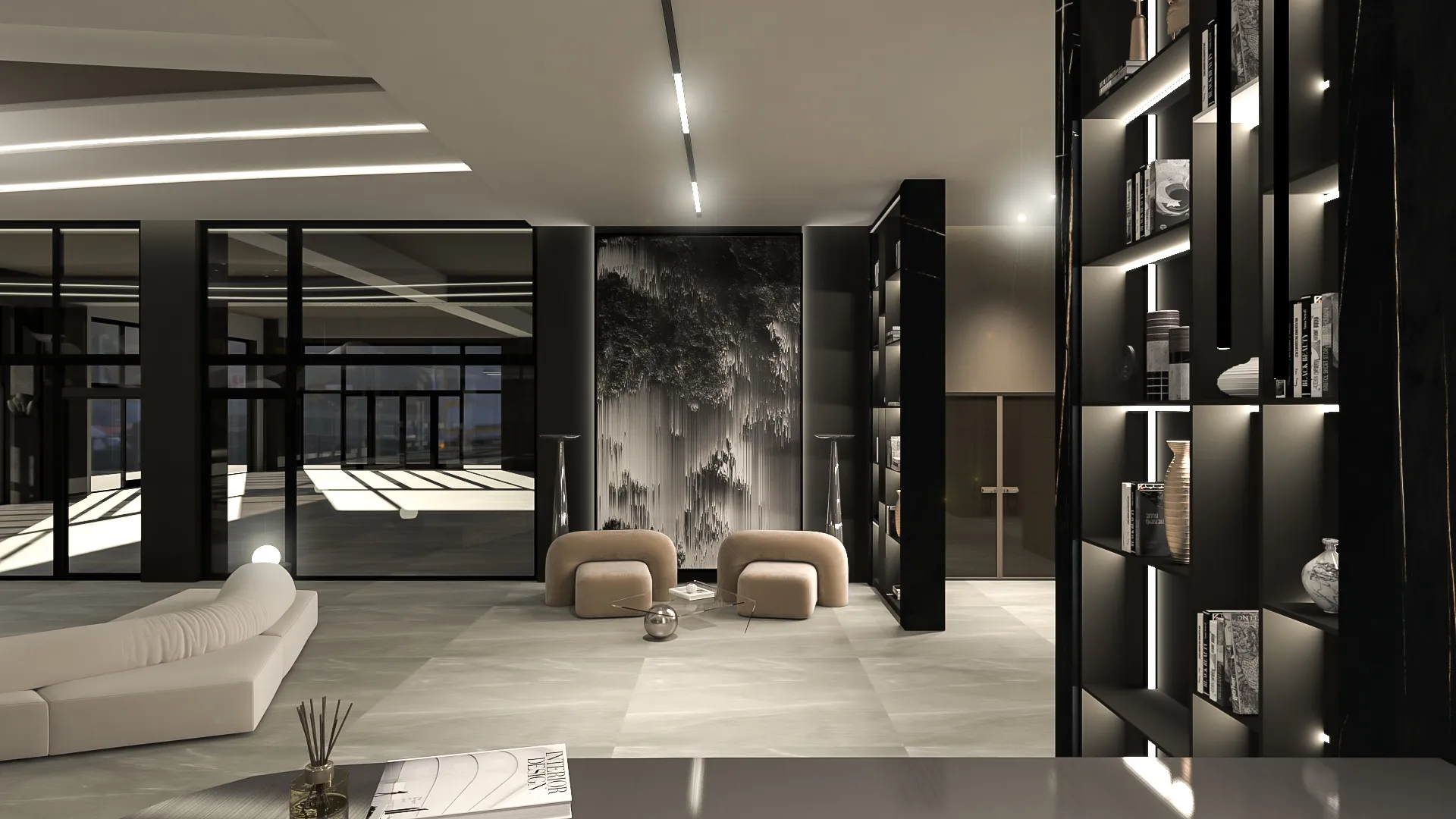 Randare interior — spațiu de lectură și relaxare